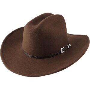 Women's Brown Western With Brim Belt Buckle Classic Fedora Cowboy Felt Hat